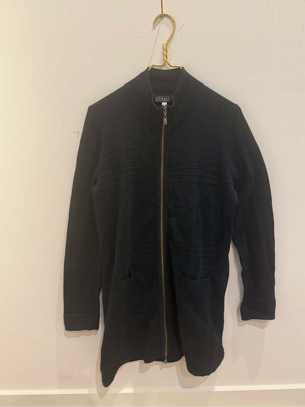 Forte Cashmere Black Zip-Front Ribbed Cardigan
